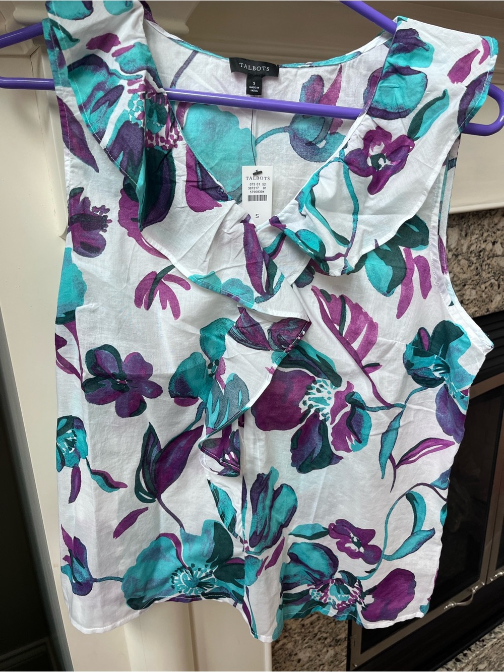 NWT Talbots sleeveless ruffle floral top-white with teal and purple floral print - Picture 3 of 10